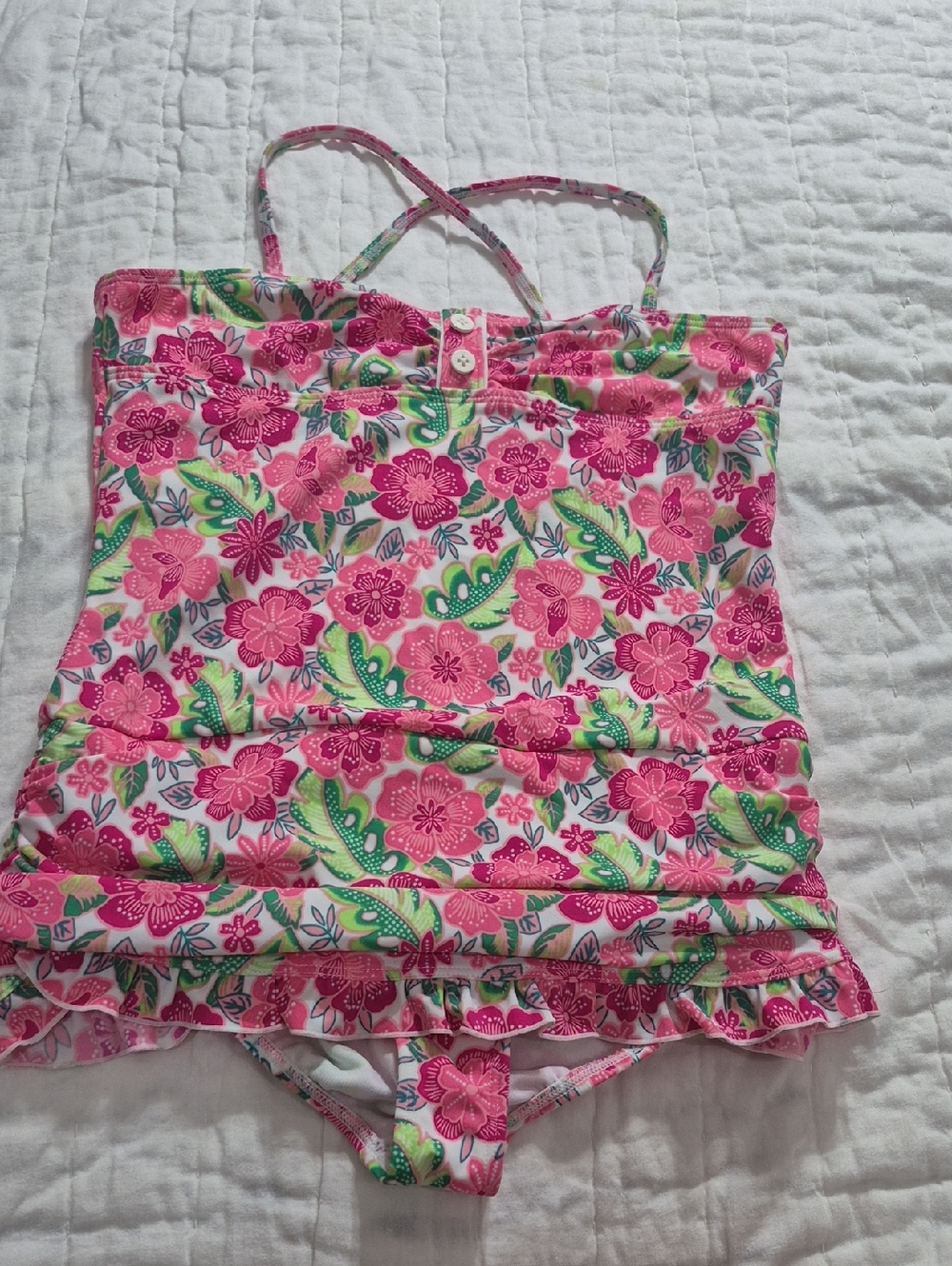 LANDS'END KIDS SIZE 14 Pink Floral Ruffle Tankini Swim Set.